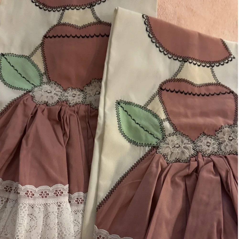 Vintage Southern Belle Applique King Pillowcase Set Pink Lace Cottagecore 2pc
